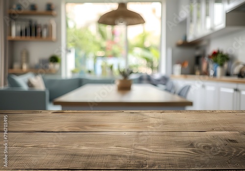 Empty wooden table top with blurred bokeh background of modern kitchen interior product display template for montaging your products and rendering an abstract background