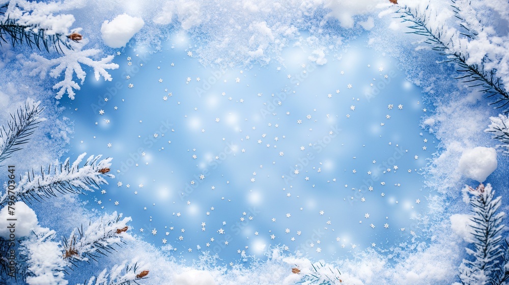 A blue sky with snowflakes and pine trees in the background A blue sky with snowflakes and pine trees in the background