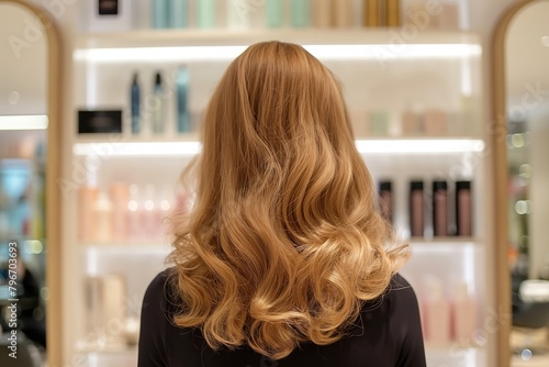 A woman with long brown hair is standing in front of a shelf of hair products