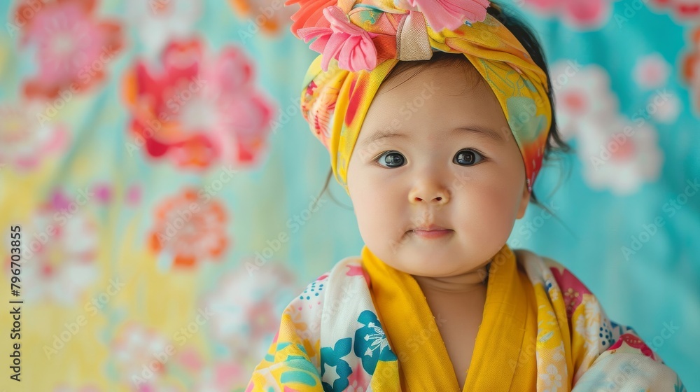 Adorable Asian infant captured in a portrait, dressed in vibrant clothing against a tranquil pastel backdrop Adorable Asian infant captured in a portrait, dressed in vibrant clothing against a tranquil pastel backdrop