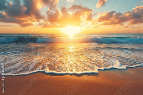Closeup sea sand beach. Panoramic beach landscape. Inspire tropical beach seascape horizon sunset © Eyepain