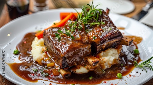 A gourmet dish of slow-cooked beef short ribs, braised in red wine sauce and served with creamy mashed potatoes and seasonal vegetables.