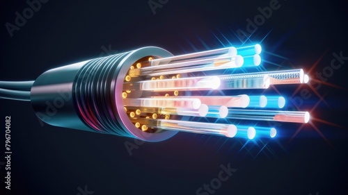 detailed cutaway of an optical fiber cable, illustrating its core, cladding, and protective layers