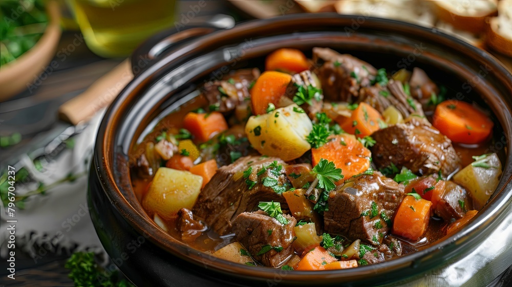A hearty beef stew simmering in a pot, filled with tender chunks of meat, carrots, and potatoes, evoking the comforting warmth of home-cooked meals. A hearty beef stew simmering in a pot, filled with tender chunks of meat, carrots, and potatoes, evoking the comforting warmth of home-cooked meals.