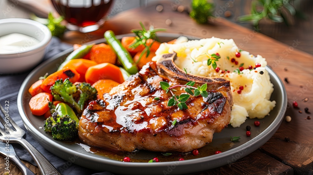 A juicy grilled pork chop served with mashed potatoes and steamed vegetables, highlighting the tender and savory qualities of pork. A juicy grilled pork chop served with mashed potatoes and steamed vegetables, highlighting the tender and savory qualities of pork.