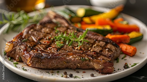 A juicy grilled steak of prime ribeye beef, seasoned with herbs and spices, served with a side of roasted vegetables for a satisfying meal.