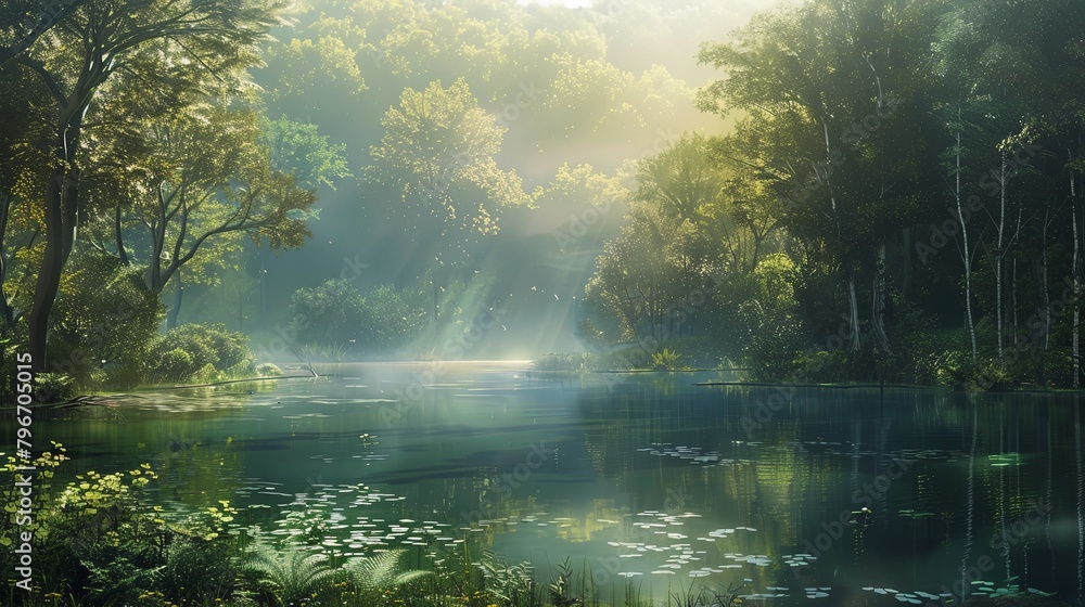 A panoramic view of a large, peaceful lake surrounded by dense forest, with sunlight filtering through the trees to create a magical atmosphere. A panoramic view of a large, peaceful lake surrounded by dense forest, with sunlight filtering through the trees to create a magical atmosphere.