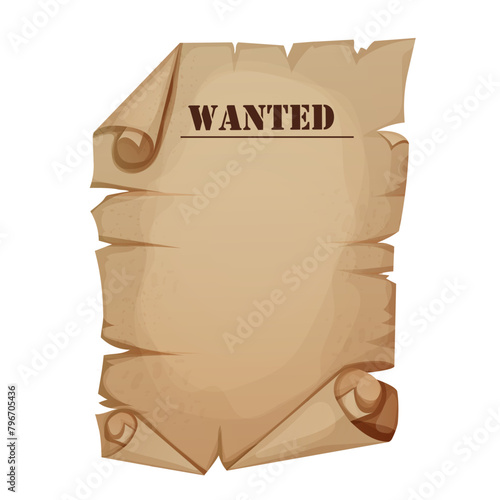 Wanted parchment paper banner, poster template wild west reward flyer isolated on white background. Aged frame, rustic western award, search sign, sheriff criminal notice with grunge paper texture