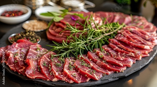 A platter of thinly sliced beef tenderloin  arranged with herbs and spices  ready to be cooked to perfection for a gourmet dining experience.