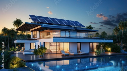 Modern house with solar panels on the roof. Sun energy, Renewable Energies, photovoltaic solar panels, Renewable energy concept. Generative AI © AL