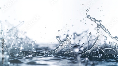 Bokeh shot of a real image with water splashes surrounding it on a white background and no visible surface