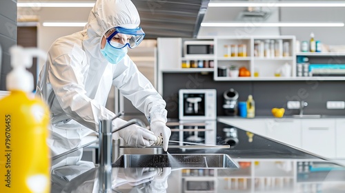 Professional in protective suit with mask and gloves using a high-pressure spray to disinfect a modern kitchen setting