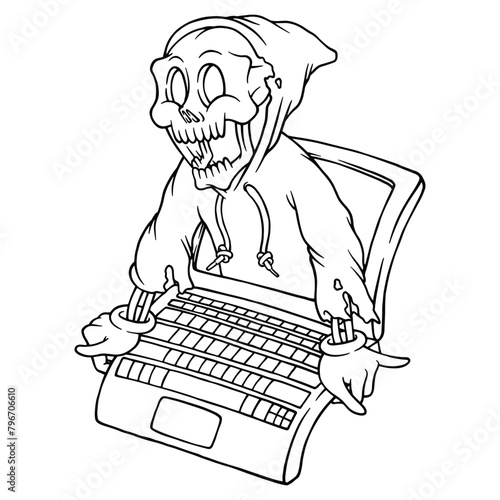 coloring illustration of skeleton emerging from laptop