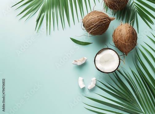 Flat lay of coconut and palm leaves on a pastel blue background shown from above with space for copy text
