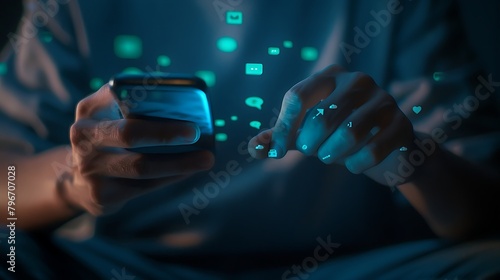 a modern communication scene with a close-up of hands with a subtle blue shirt sleeve, texting on a smartphone