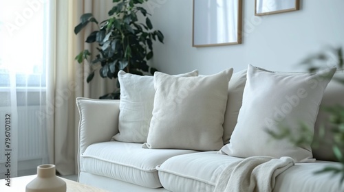 Minimalist white couch with matching pillows and a plant in a bright room