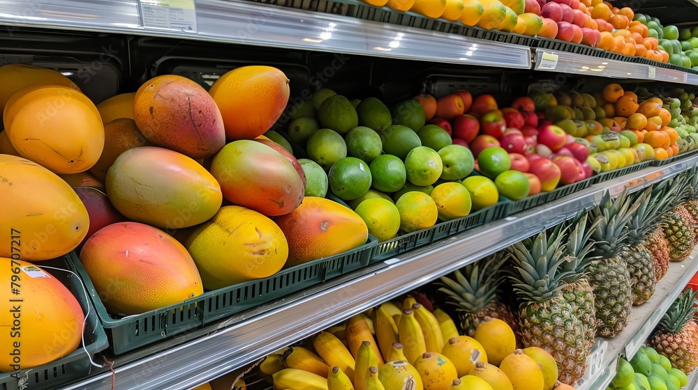 A variety of ripe tropical fruits, including mangoes, pineapples, and papayas, displayed on shelves in a supermarket for customers to select and enjoy.