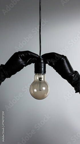 A black light bulb hanging from the ceiling, with gloved hands holding it in front of a grey background