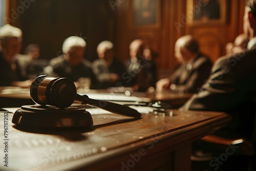 In a courtroom a jury delivers a sentence with a gavel. Concept Courtroom, Jury, Sentence, Gavel, Legal Proceedings photo