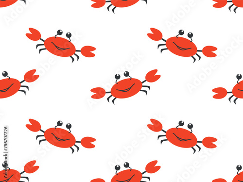 Seamless pattern with a cute red crab on a transparent background. Vector illustration in cartoon style for print, wallpaper, background, textile, wrapping paper