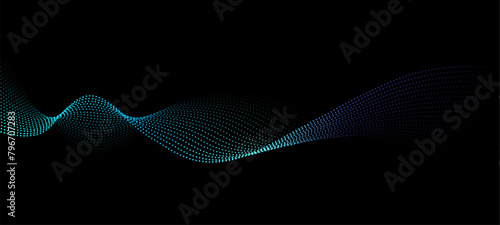 Vector of technology, science, music, modern, Flowing dot particles light wave pattern halftone blue and green gradient smooth curve shape isolated on black background.