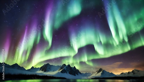 Northern lights aurora borealis winter snowy mountains at night