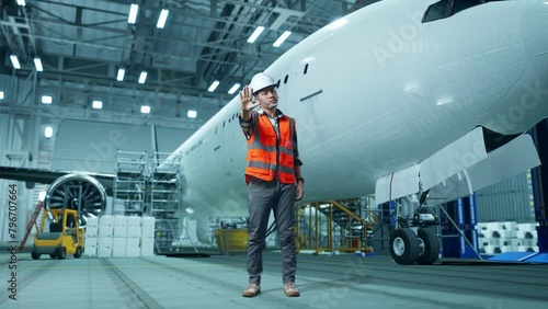 Full Body Of Asian Male Engineer With Safety Helmet Disapproving With No Hand Sign While Standing With Aircraft In The Hangar  photo