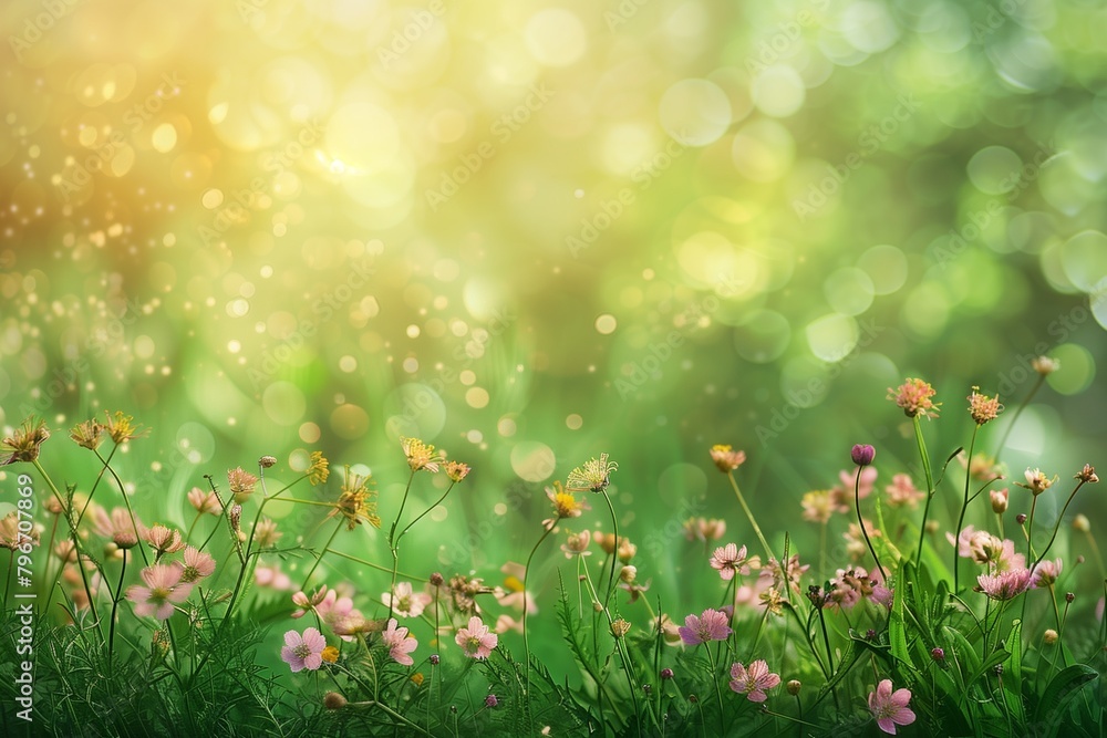 A field of flowers with a bright green background