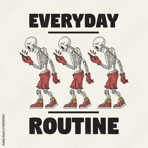retro cartoon emblem of skeleton holding smartphone