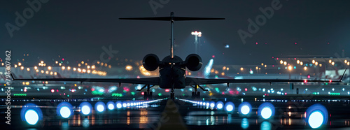A black jet aircraft on the tarmac of an airport with lights in front and behind it
