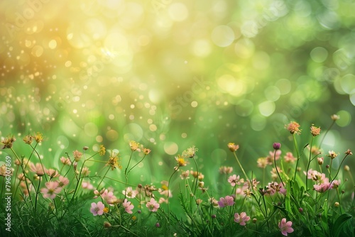 A field of flowers with a bright green background