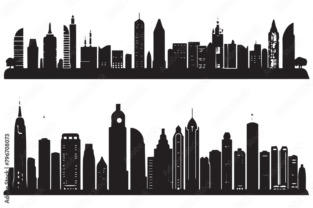 Naklejka premium City skylines silhouette, cityscape set, black isolated on white background, vector illustration