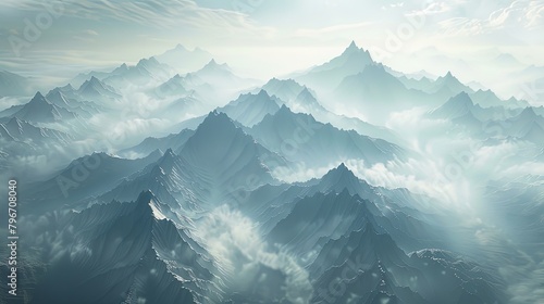 Aerial view of rugged mountain ranges stretching to the horizon, their towering summits shrouded in mist and mystery. photo
