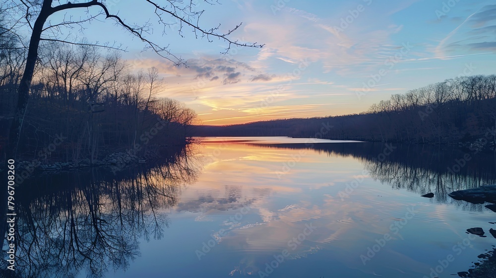 An expansive reservoir reflecting the colors of the sky at sunset, with silhouetted trees casting long shadows over the calm waters.