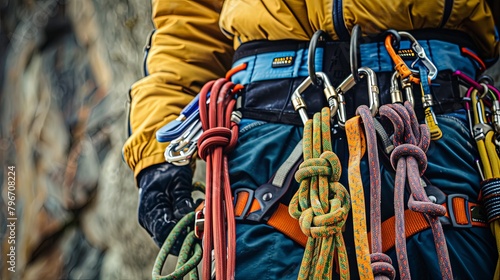 Close-up of a climber's gear, including harnesses, ropes, and carabiners, essential tools for safety and security in the vertical world of rock climbing.