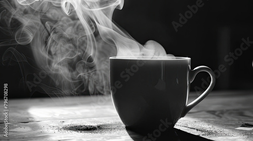 A black and white photo of steam rising from the top of an empty coffee mug, with soft lighting casting shadows on its surface