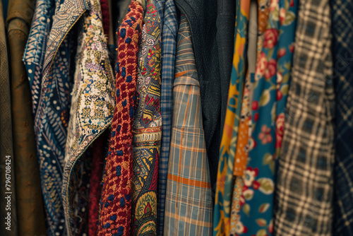 Close-up of a variety of clothes hanging on a rack in a thrift shop, highlighting the textures and colors of sustainable fashion
