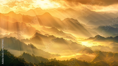 Dramatic panoramic view of a mountain range bathed in golden sunlight, with layers of mist adding an air of mystery and intrigue. photo
