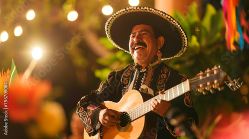 A mariachi singer serenading guests at a festive Cinco de Mayo party