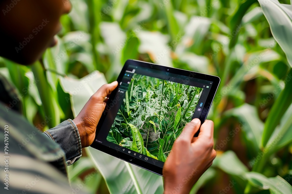 A farmer uses a tablet to monitor crop health and analyze data in a green cornfield.