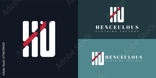 Abstract initial letter HU or UH logo in white color isolated on multiple blue background colors. The logo is suitable for clothing factory business company icon logo design inspiration templates. photo
