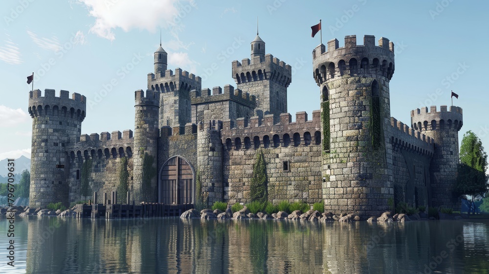 Medieval castle with a drawbridge and moat  AI generated illustration