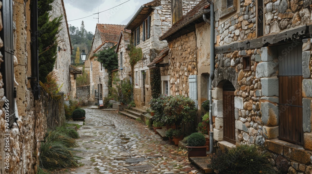 Medieval village with cobblestone streets  AI generated illustration