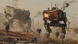 Mechs fighting in a post-apocalyptic wasteland  AI generated illustration