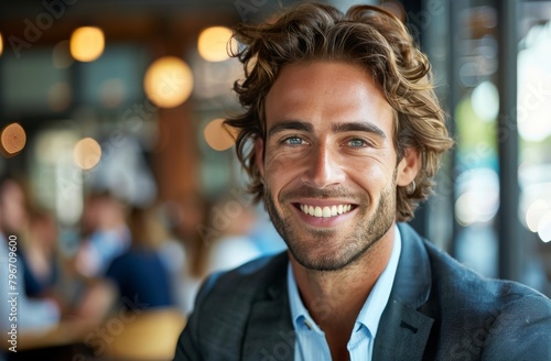 Curly-Haired Man Smiling at Camera