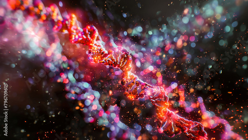 A visually striking 3D rendering of a DNA double helix with glowing particles, representing biology and genetics.
