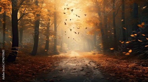  Vibrant autumn forest path, fallen leaves, soft sunlight, realistic textures for stunning landscape. Generative AI