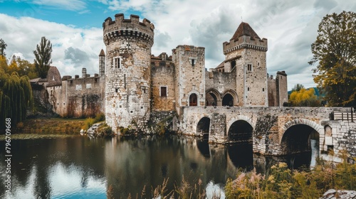 Medieval castle with a drawbridge and moat AI generated illustration