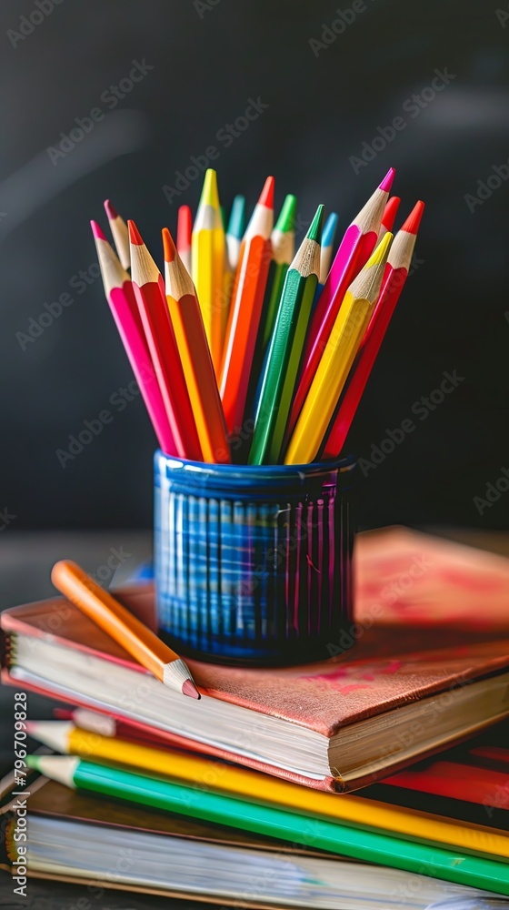School Desk with Colorful Pencils, Glasses, Chalkboard in Background School Desk with Colorful Pencils, Glasses, Chalkboard in Background