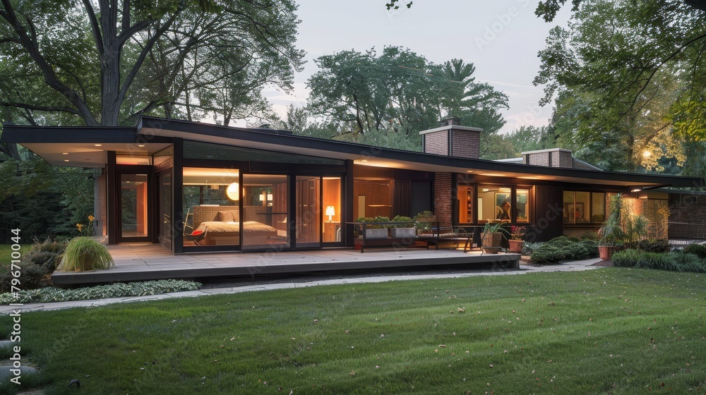 Mid-century modern home with a flat roof AI generated illustration Mid-century modern home with a flat roof AI generated illustration